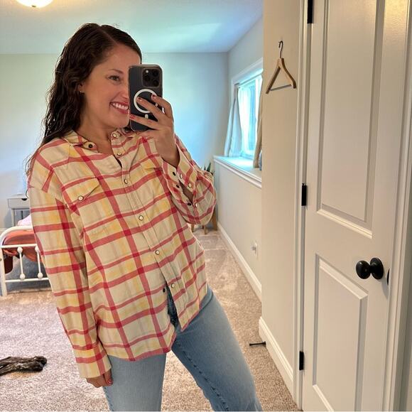 THE GREAT. Pink Yellow Cotton Plaid Western Flannel Top Small 1 - Picture 4 of 12